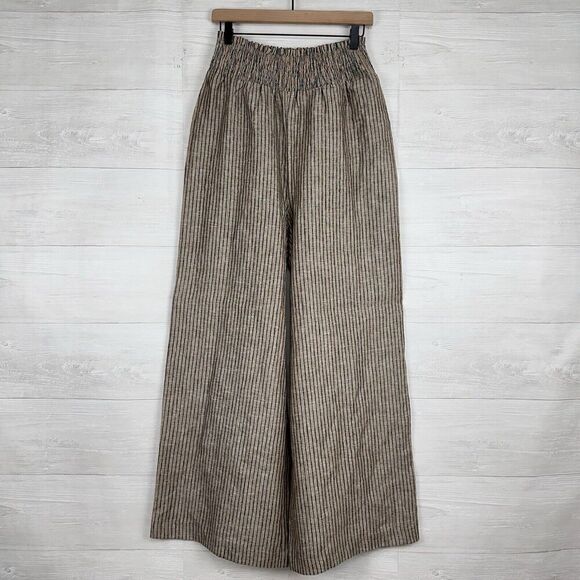 Boden Linen Shirred Waist Trousers Wide Leg Women 6R Camel Black Stripe Pull On - Picture 2 of 16
